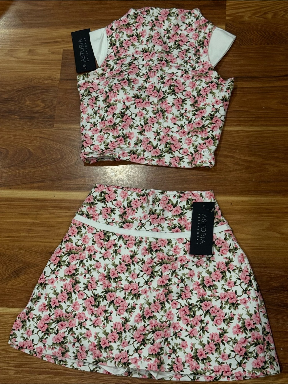 Storia White Crop Top & Floral Skirt Set with Pink Blossoms